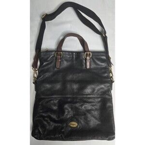 Fossil Explorer XL Black Leather Fold Over Crossbody Hobo Tote Shoulder Bag